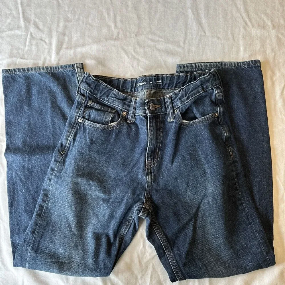 Old Navy Loose Straight Leg Jeans Boys‎ Size 14 Reg Blue Denim Adjustable Waist